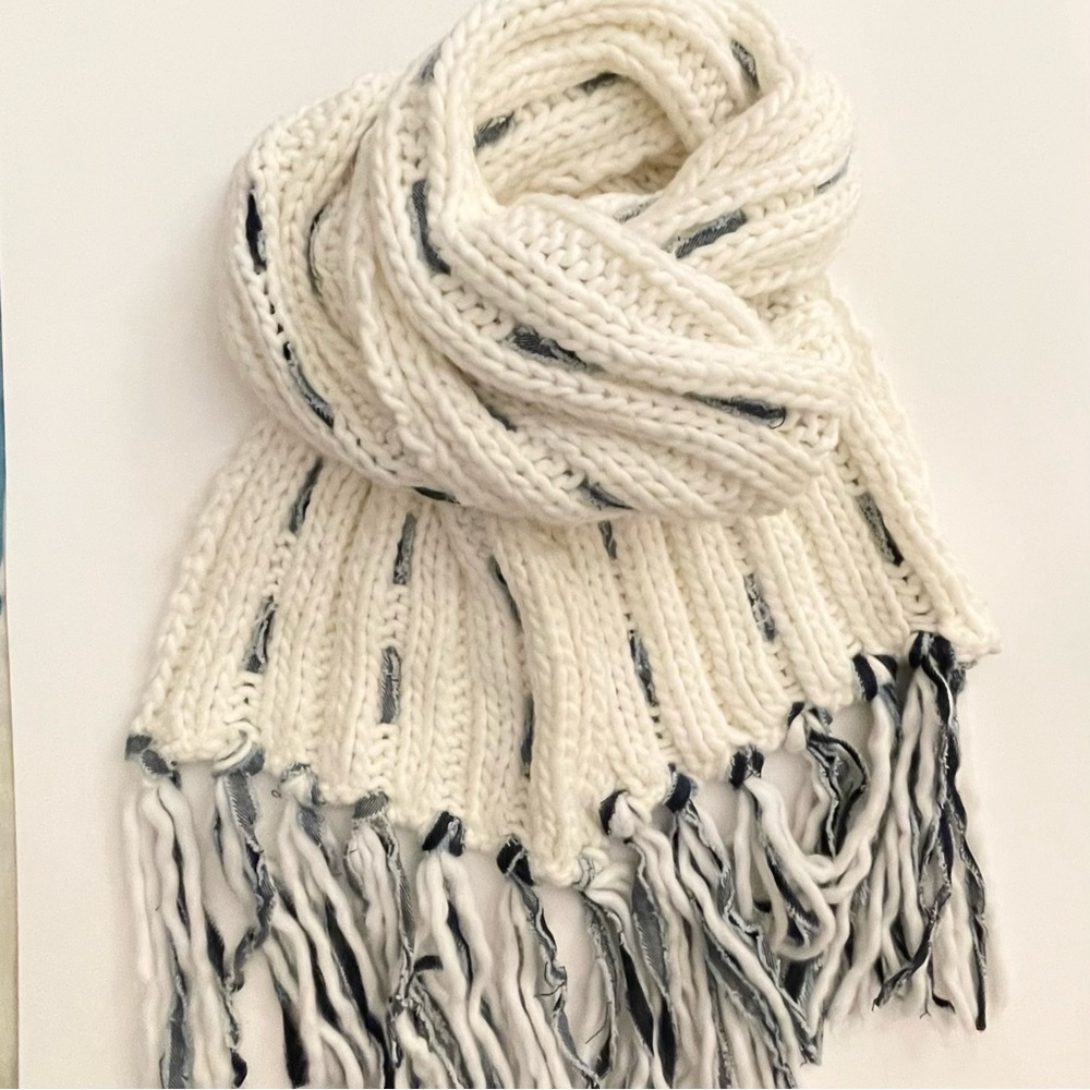 Esprit Off White Knit Long Scarf with Denim Fabric woven Stripes & Fringes